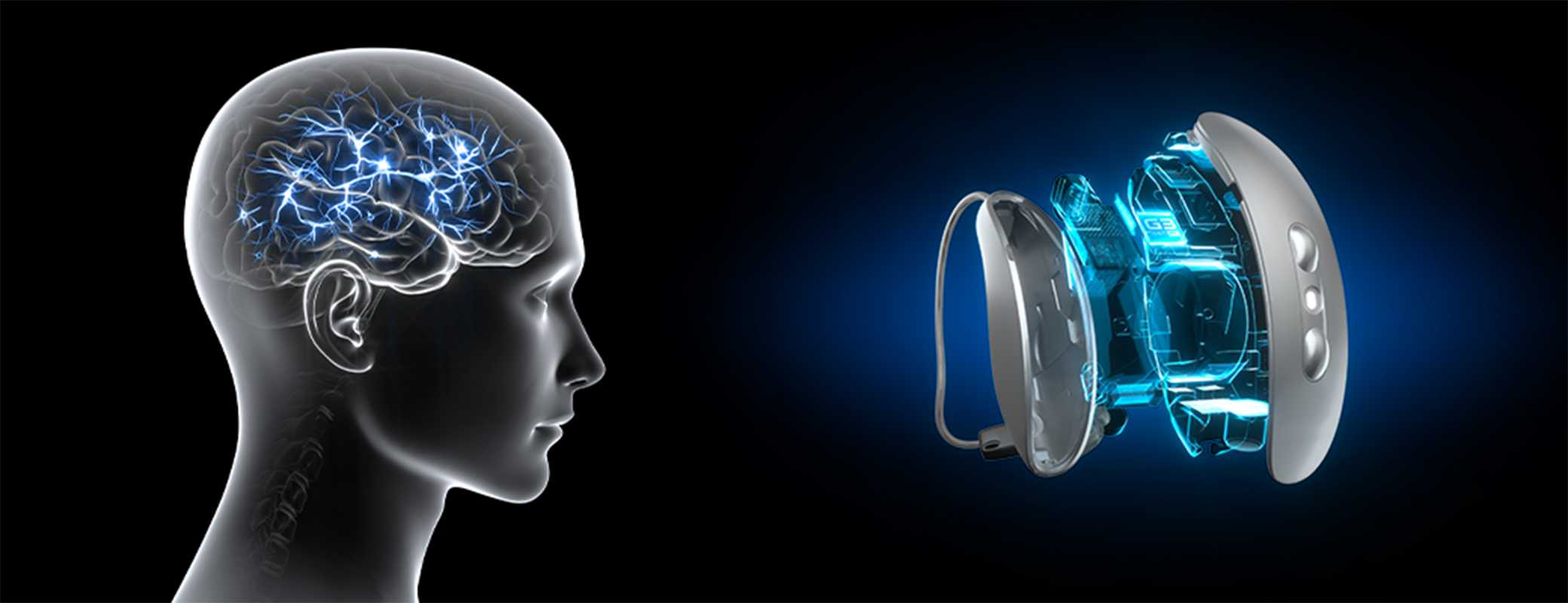 Image of illustrated human head with glowing brain and a Starkey Omega AI hearing aid that shows technology from the inside